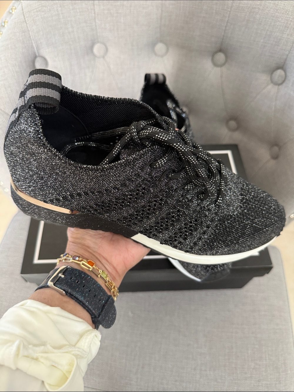 Women’s  Black Knit Athletic Sneakers with Reflective Laces